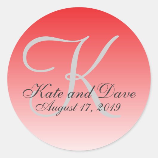 Moderne rode karmozijnrode monogram bruiloft gunst ronde sticker (Voorkant)