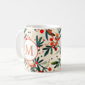 Moderne Rode Kerst Holly Berries Monogram Koffiemok (Voorkant links)