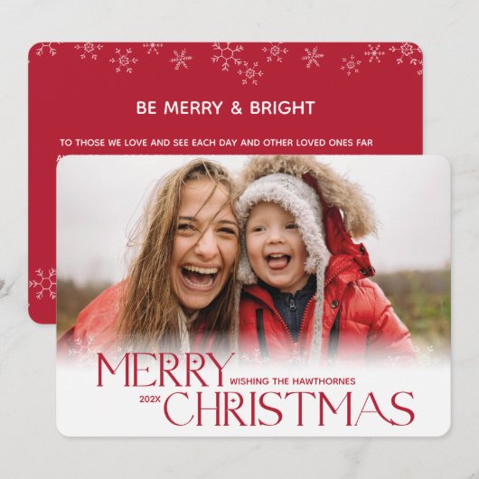 Moderne rode kerst-sneeuwvlokker aangepaste foto feestdagenkaart (Voorkant / Achterkant)