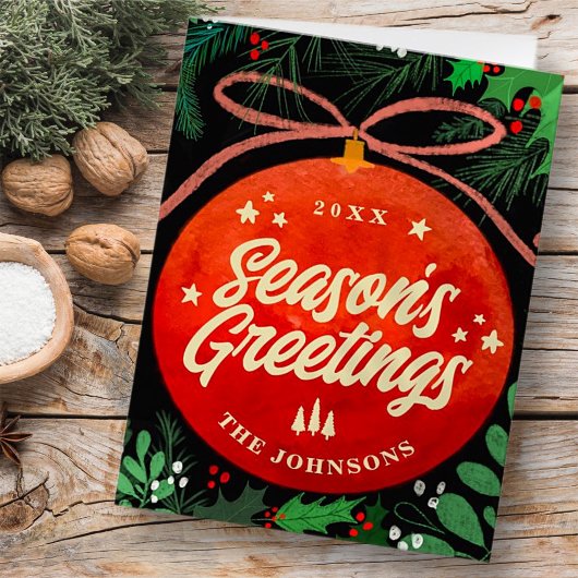 Moderne Rode Kerstbal Ornament Botanisch Feestdagen Kaart