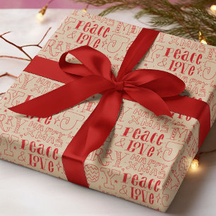 Moderne rode kerstvakantie typografie Vrede Liefde Cadeaupapier