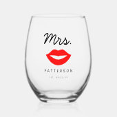 Moderne rode lippen mevrouw bruiloft wijnglas zonder voet (Voorkant)