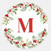 Moderne rode monogram krans bessen Kerstmis Ronde Sticker (Voorkant)
