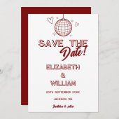 Moderne rode retro disco groovy bruiloft save the date (Voorkant / Achterkant)