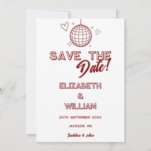 Moderne Rode Retro Disco Groovy Fotobruiloft Save The Date (Voorkant)
