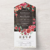 Moderne Rode Rozen Bloemstuk Boerderij Houten Brui All In One Uitnodiging (Binnen)