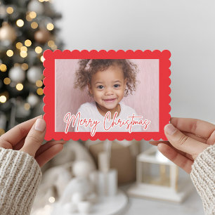 Moderne Rode Scallop Foto Kerstmis Prettig Kerstfe Feestdagenkaart
