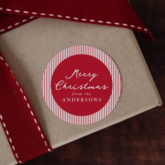 Moderne rode strepen Vrolijk kerstfeest Ronde Sticker