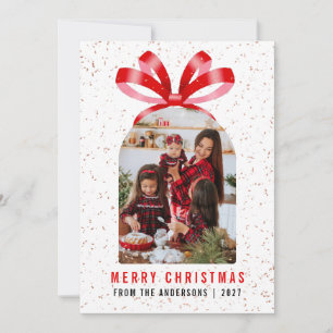 Moderne rode strik foto Kerstmis boog Feestdagenkaart