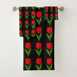 Moderne rode tulp bloempatroon op zwart bad handdoek
