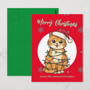 Moderne rode vrolijke kat sneeuwvlok Kerstmis kitt Briefkaart