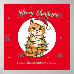 Moderne rode vrolijke kat sneeuwvlok Kerstmis kitt Poster