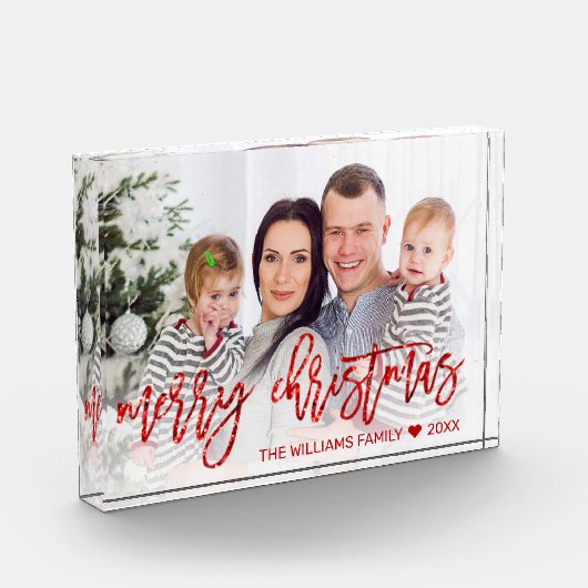 Moderne Rode Vrolijke Kerstmis Glitter Script Fami Fotoblokken (Links)