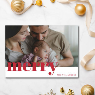 Moderne rode vrolijke typografie Familiefoto Kerst Feestdagenkaart