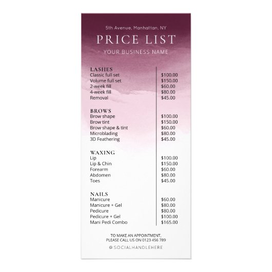 Moderne Rode Waterverf Salon Zakelijke prijslijst Reclamekaart (Voorkant)