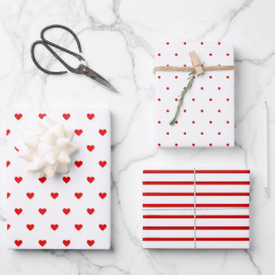 Moderne Rode & Witte Harten Strepen Stippen 3 Inpakpapier Vel