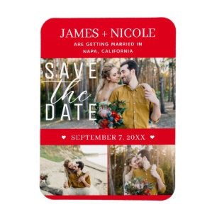 Moderne Rode & Witte Save the Date Huwelijk 3 Foto Magneet