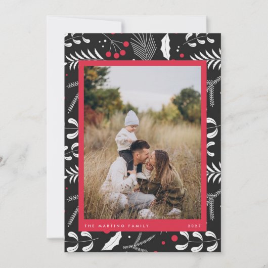 Moderne Rode Zwarte Folk Bloemen Foto Kerst Kaart (Voorkant)