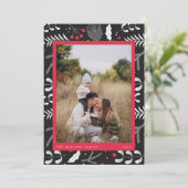 Moderne Rode Zwarte Folk Bloemen Foto Kerst Kaart (Staand voorkant)