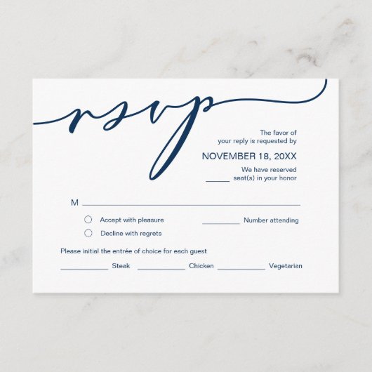 Moderne Romance, Navy Blue Script ,Wedding RSVP Informatiekaartje (Voorkant)