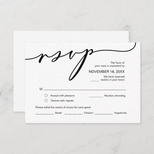 Moderne Romance, zwarte kalligrafie, bruiloft RSVP Informatiekaartje (Voorkant / Achterkant)