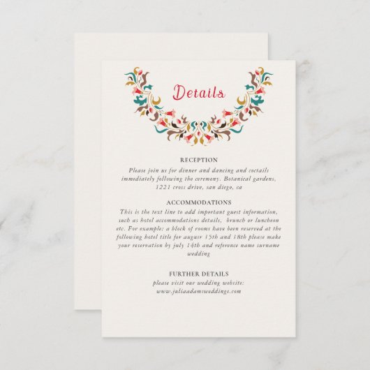 Moderne romantische elegante bloemenkrans bruiloft informatiekaartje (Voorkant / Achterkant)