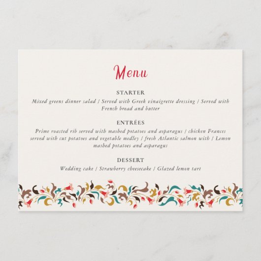 Moderne romantische elegante bloemenkrans bruiloft menu (Voorkant)