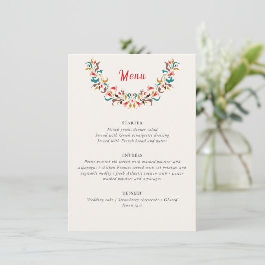 Moderne romantische elegante bloemenkrans bruiloft menu (Staand voorkant)