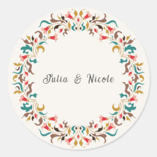 Moderne romantische elegante bloemenkrans bruiloft ronde sticker