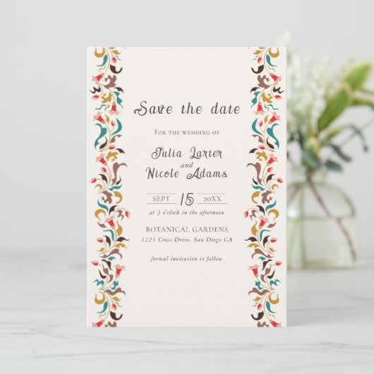 Moderne romantische elegante bloemenkrans bruiloft save the date (Staand voorkant)