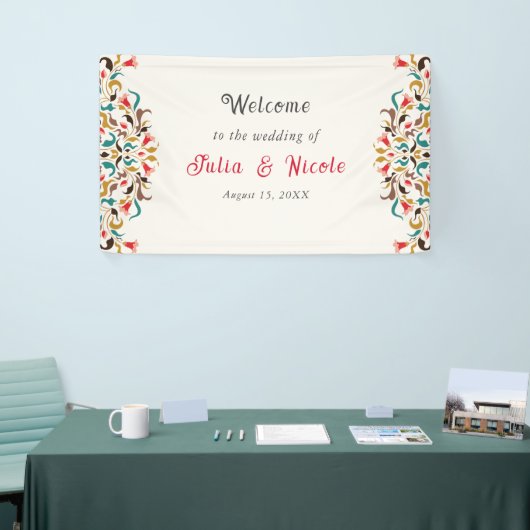 Moderne Romantische Elegante Bloemenkrans Bruiloft Spandoek (Beurs)