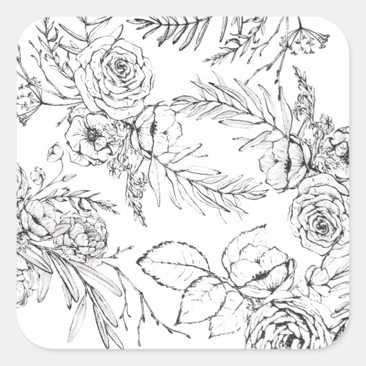 Moderne Romantische Lijntekening van Wilde Bloemen Vierkante Sticker (Voorkant)