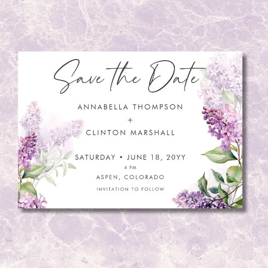Moderne romantische Paarse & Sage Lilacs bruiloft Save The Date