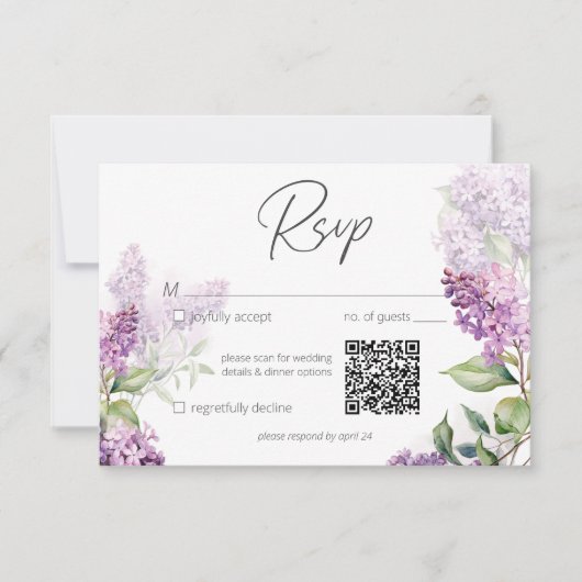 Moderne Romantische Paarse & Sage Lilacs QR-code RSVP Kaartje (Voorkant)