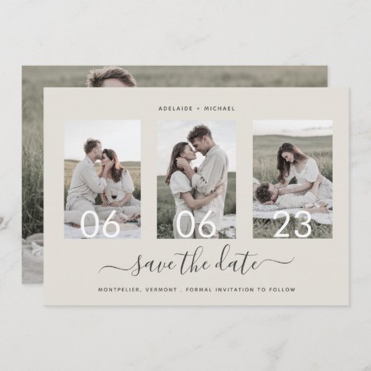Moderne Romantische Script Photo Collage Save The Date (Voorkant / Achterkant)