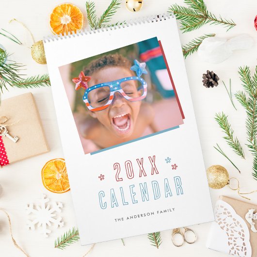 Moderne Rood & Blauw Hand-getrokken Sterren Famili Kalender