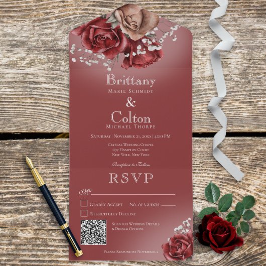 Moderne Rood- en bruine Rozen QR-code All In One Uitnodiging