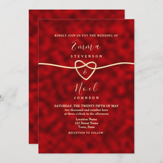 Moderne Rood Goud bruiloft uitnodiging (Voorkant / Achterkant)