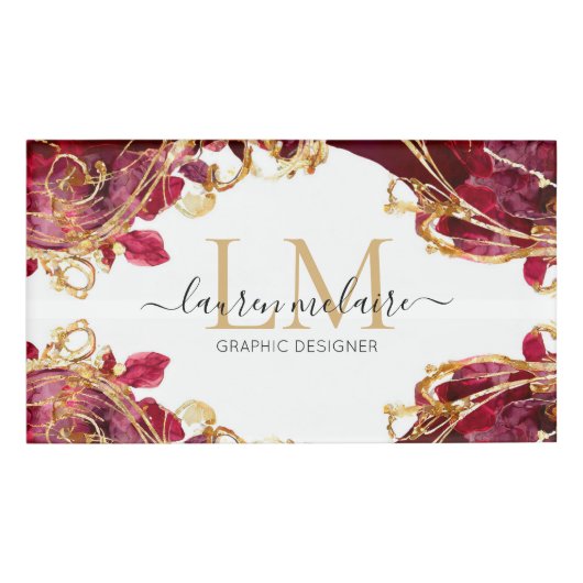 Moderne Rood & Goud Monogram Script Naam Naambadge (Voorkant)