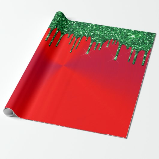 Moderne Rood Metaal Groen Glitter Drips Cadeaupapier (Uitgerold)
