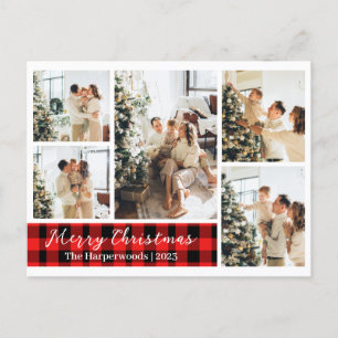 Moderne Rood Plaid Kerstmis Familie Fotocollage Feestdagenkaart