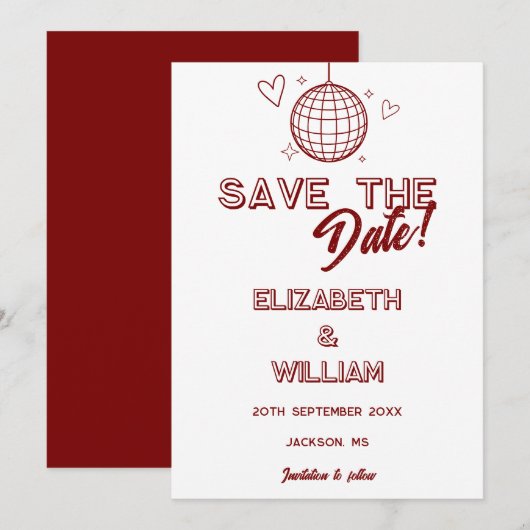 Moderne Rood Retro Disco Groovy Bruiloft Save The Date (Voorkant / Achterkant)