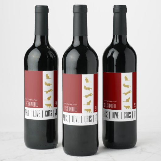 Moderne Rood Wit Goud Kat Kerstmis Wijn Etiket (Flessen)