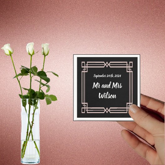 Moderne Roos Gold Border Black Cocktail napkin Servet