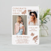 Moderne Roos Gold Butterfly Script Afstuderen Foto Folie Uitnodiging (Staand Voorkant)