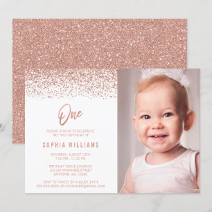 Moderne Roos Gold Faux Glitter 1ste verjaardag Fot Kaart