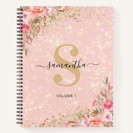 Moderne Roos Gold Floral Sketchbook Name Notitieboek (Voorkant)