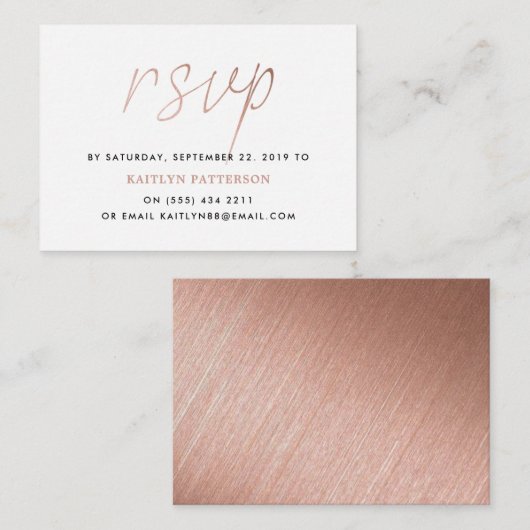Moderne Roos Gold Foil Script RSVP Informatiekaartje (Voorkant / Achterkant)