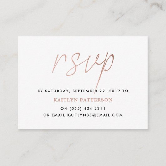 Moderne Roos Gold Foil Script RSVP Informatiekaartje (Voorkant)