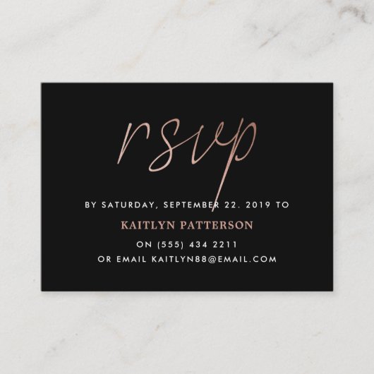 Moderne Roos Gold Foil Script RSVP Informatiekaartje (Voorkant)